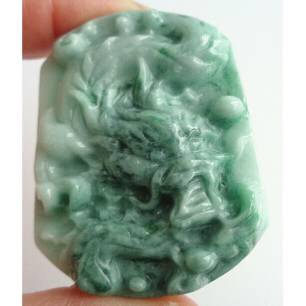 Floral Green Natural Jade Jadeite Handmade Carved Dragon Ruyi Pendant