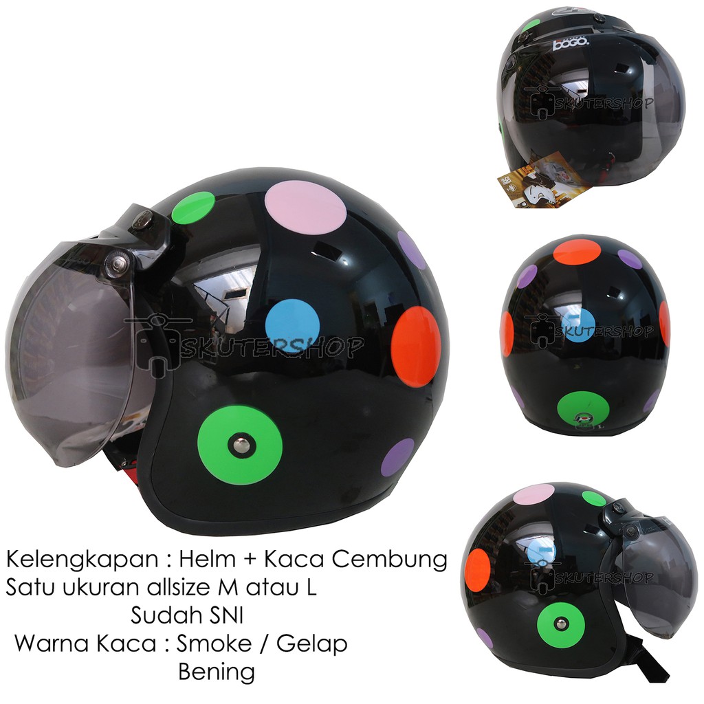 Andriawanhs JPN Helm Bogo Retro Klasik Polkadot Polca Warna Warni Hitam Glossy + Kaca Bogo Ori
