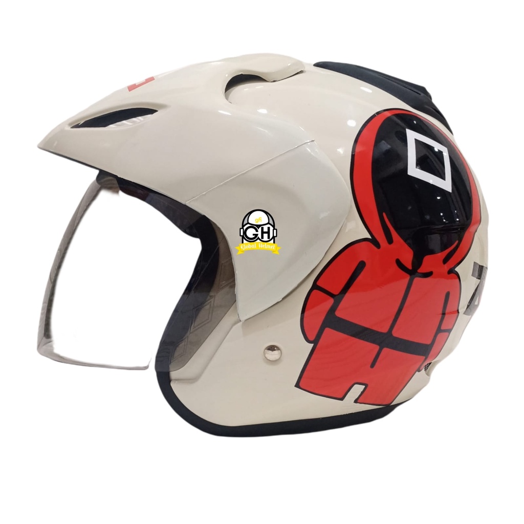 HELM HALF FACE MOTIF SQUID GAME WHITE HALF FACE MURAH SNI SATU KACA