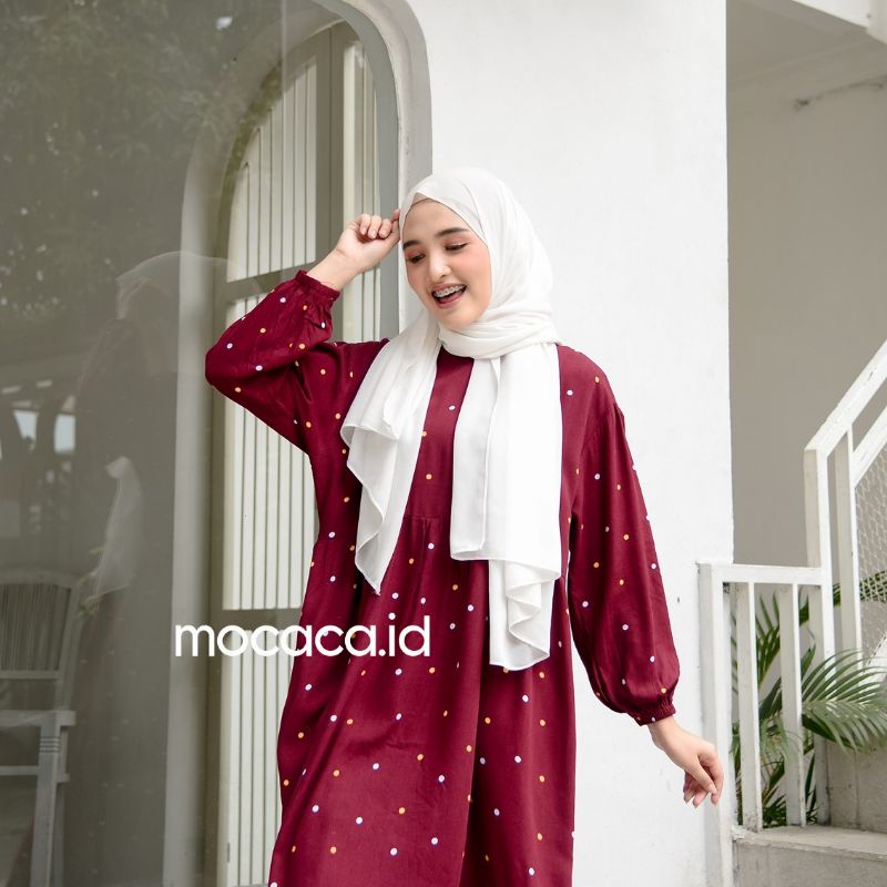 midi dress polkadot merah maroon kuning polka ootd hijab lengan karet kekinian katun rayon adem