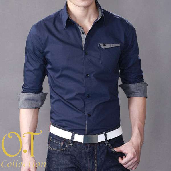 [Aries Varian Warna VL] Kemeja Pria Katun Strech Putih/Navy