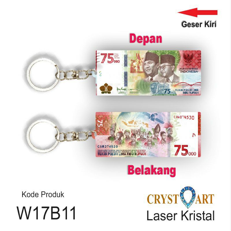 Souvenir Gantungan Kunci Uang Rupiah 75.000 koleksi kemerdekaan.