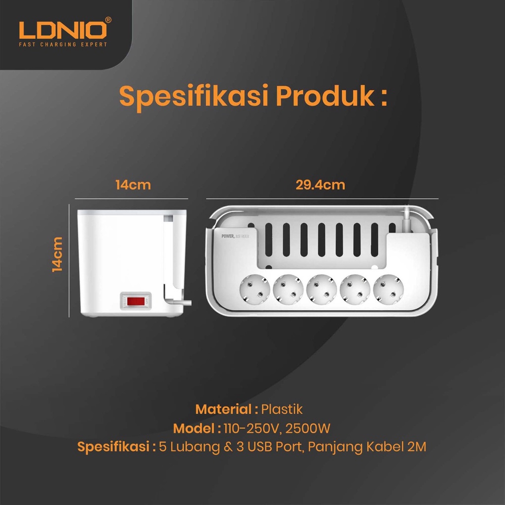 LDNIO STOP KONTAK LISTRIK MANAGEMENT BOX KABEL 5 LUBANG 3 USB - SE5334