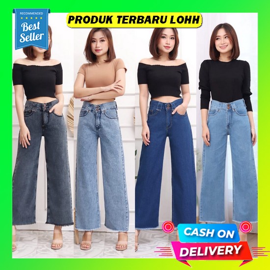 Celana Kulot Jeans Wanita Panjang High Waist Jumbo Pinggang Karet Fwr -Kulot Jeans Rumbai Lisa