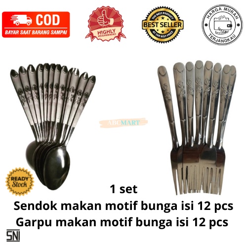 [BISA COD] PROMO Sendok Garpu Makan Motif Ukiran Bunga Isi 24 pcs Stainless Tebal Anti Karat Berkualitas