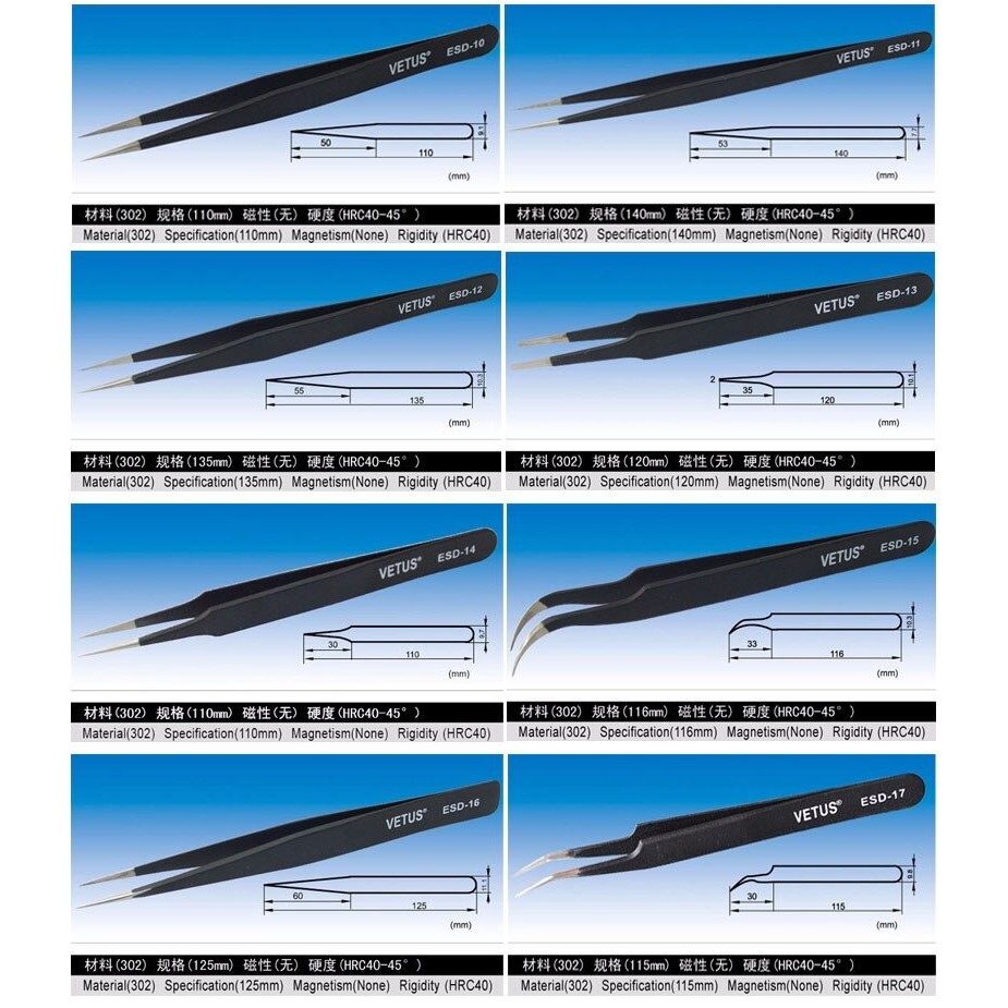 Pinset / Tweezers Bengkok Vetus ESD 15 HRC40 Panjang 120mm 20cm