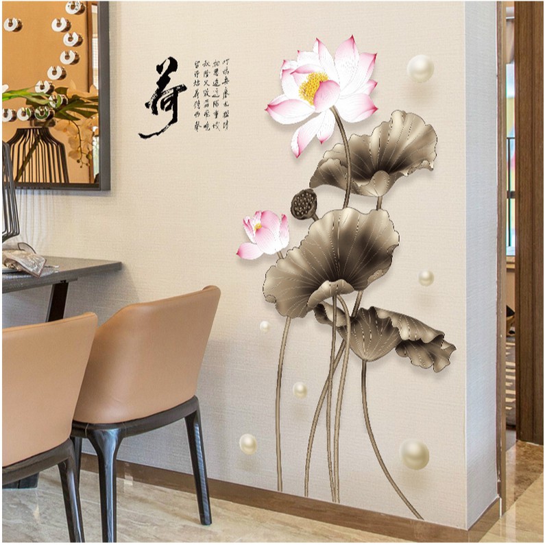 Reliza Wall SYicker Bunga Lotus Flowers Hitam Chinese Stiker Dinding PA14230