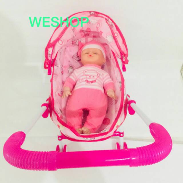 Mainan Stroller Bayi Besi + Boneka Barbie / Trolley Baby / Dorongan Boneka