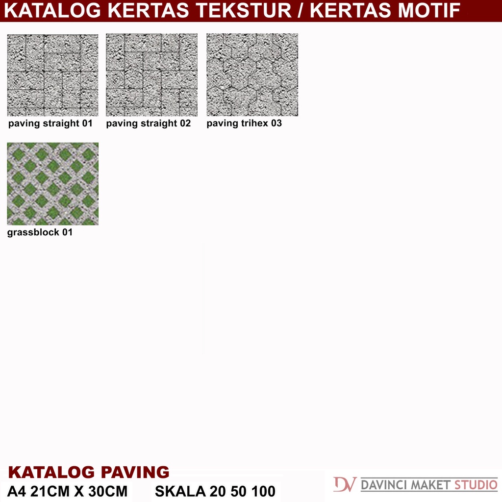 

Kertas Tekstur Bahan Paving 01 Maket Diorama - Motif Paving Pedestrian Grass Block Roster A4 21cm x 30cm skala 1:20 1:50 1:100
