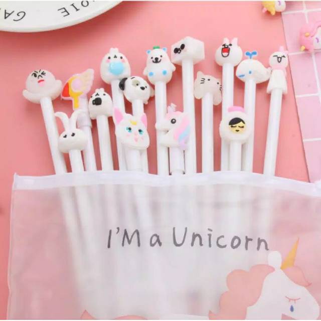 (12pcs atau 20pcs) Pen karakter/pen fancy/pen kantong/pen mix /pen dapet pouch/pen 12/20pcs + dompet-2