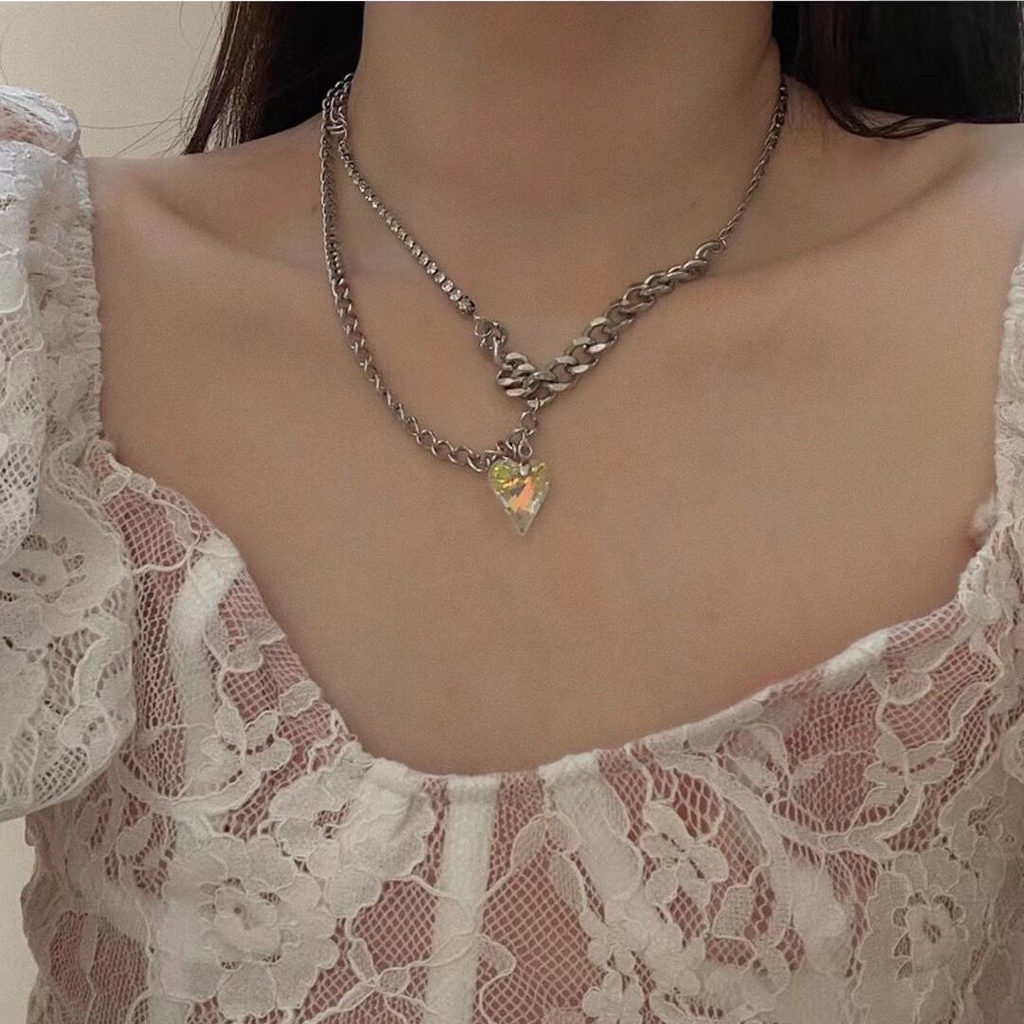 Kalung Rantai Ganda Bahan Alloy Bentuk Hati Aksen Berlian Imitasi Untuk Wanita