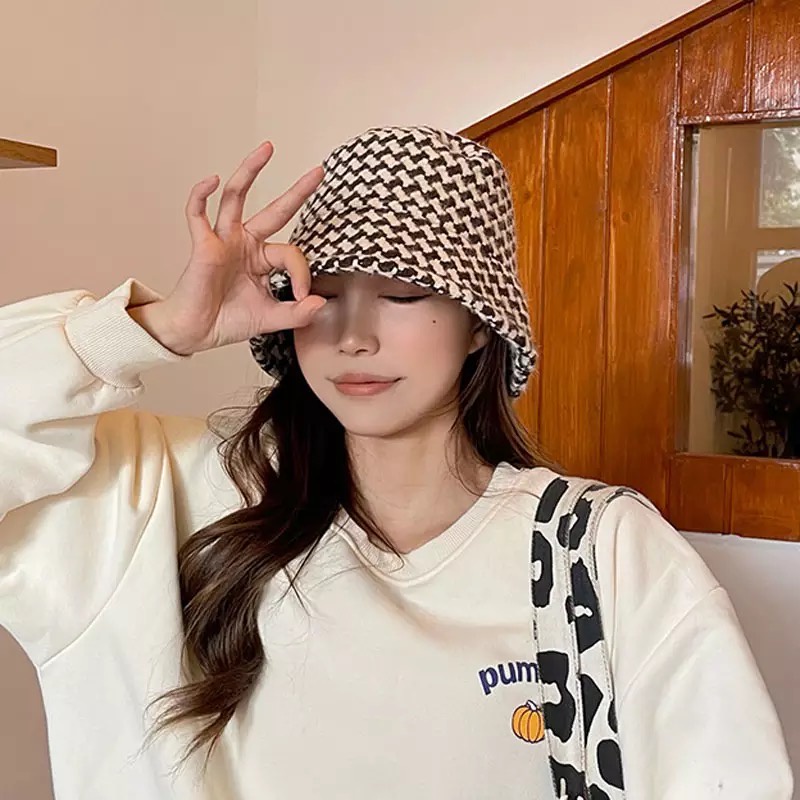 Topi bucket wool houndstooth Bucket Hat