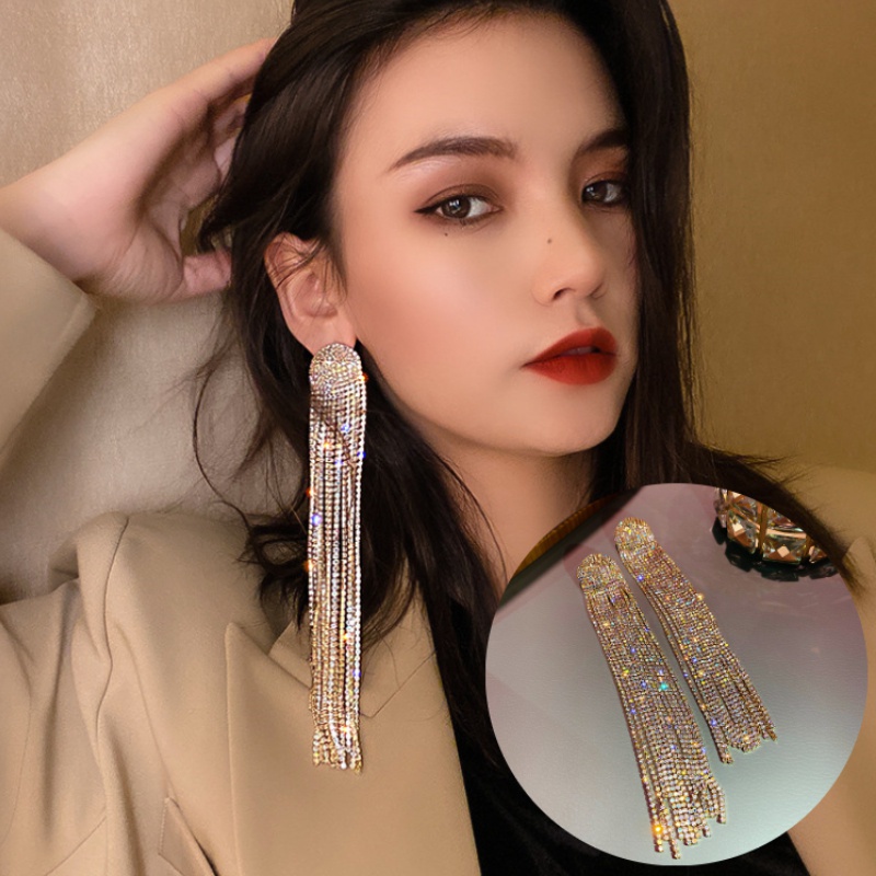 Anting Gantung Panjang Model Rumbai Full Berlian Imitasi Untuk Wanita