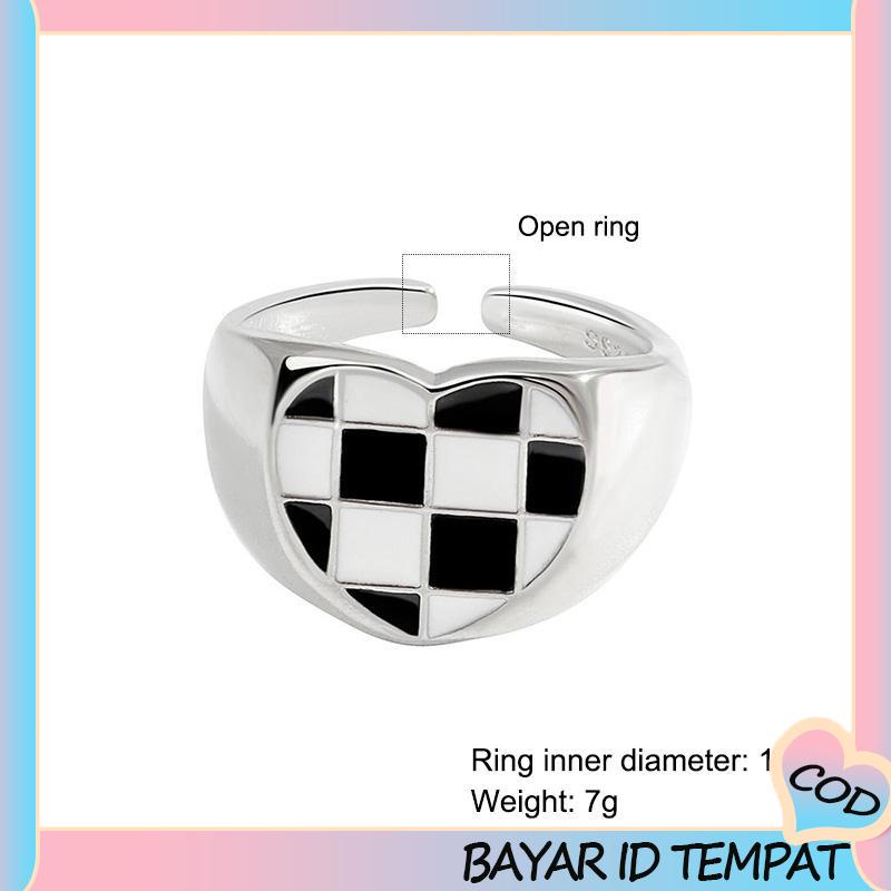 COD❤️ Cincin Kotak-kotak Geometris Cinta Hitam Dan Putih Cincin Fashion Wanita-A.one