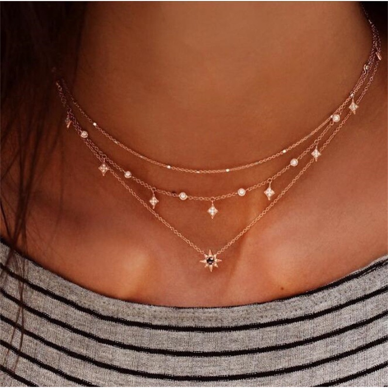 Set Kalung Multilayer Bentuk Bintang Aksen Berlian Untuk Wanita