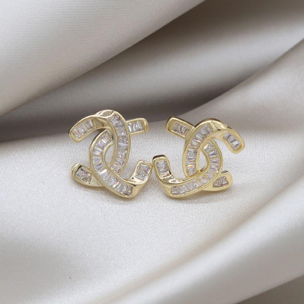 Needway C Huruf Anting Trendi Elegan Hadiah Cross Telinga Aksesoris Zirkon Wanita Stud Earrings