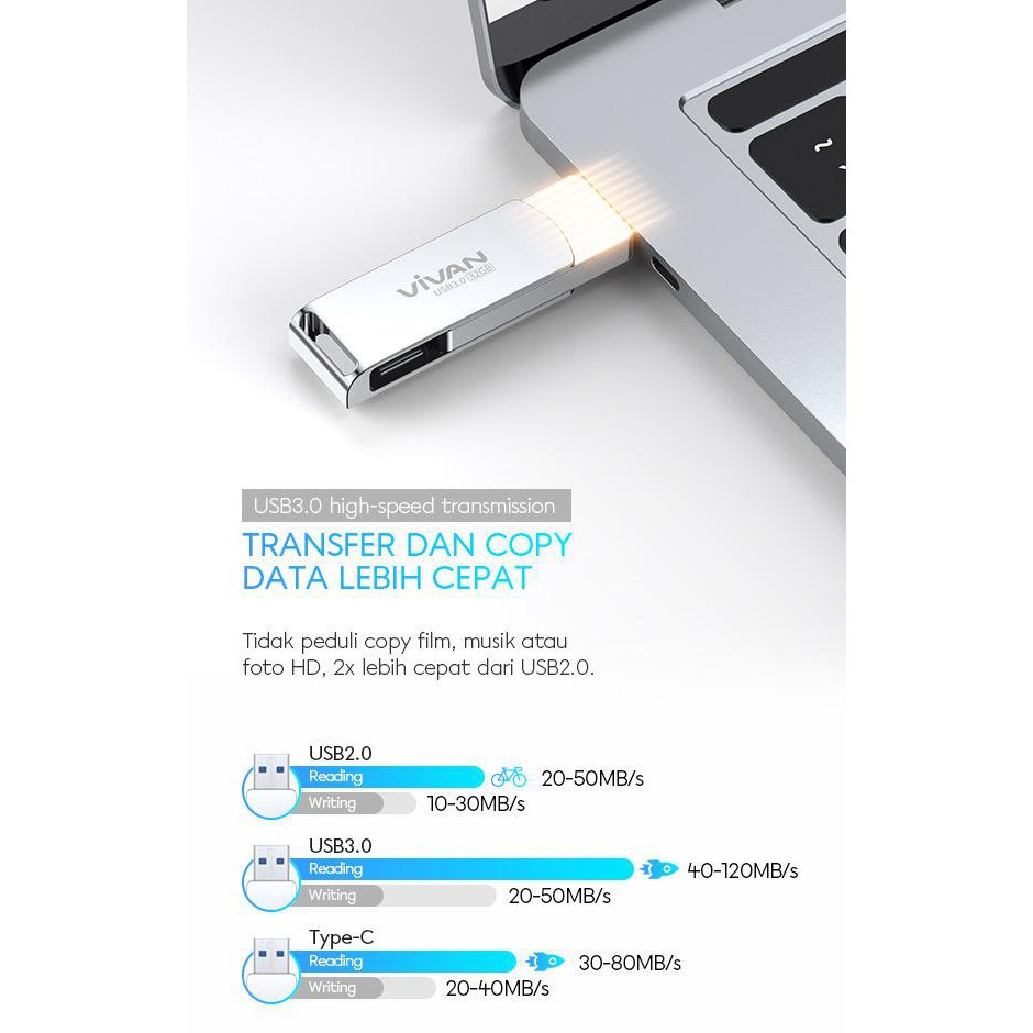 Flashdisk Vivan VOC132 Flasdisk HP 32GB Type-C Dan USB3.0 Dual Interface Silver