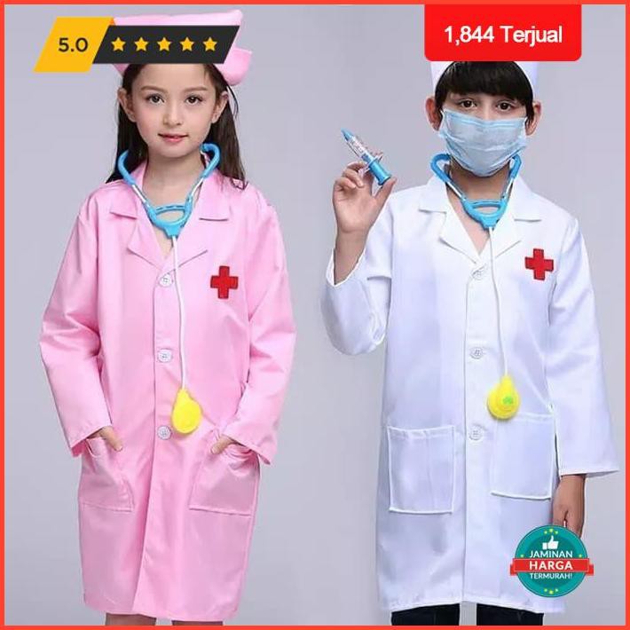 Dokter Kecil Set Lengkap Baju,Topi, Stetoskop,Masker&Suntikan Mainan - 4-5 Tahun, Merah Muda