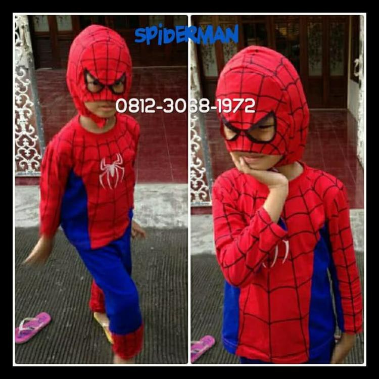 Baju Kaos Setelan Kostum Anak Karakter Superhero Spiderman 2-5 Tahun - Size 4, Merah Kode 1087