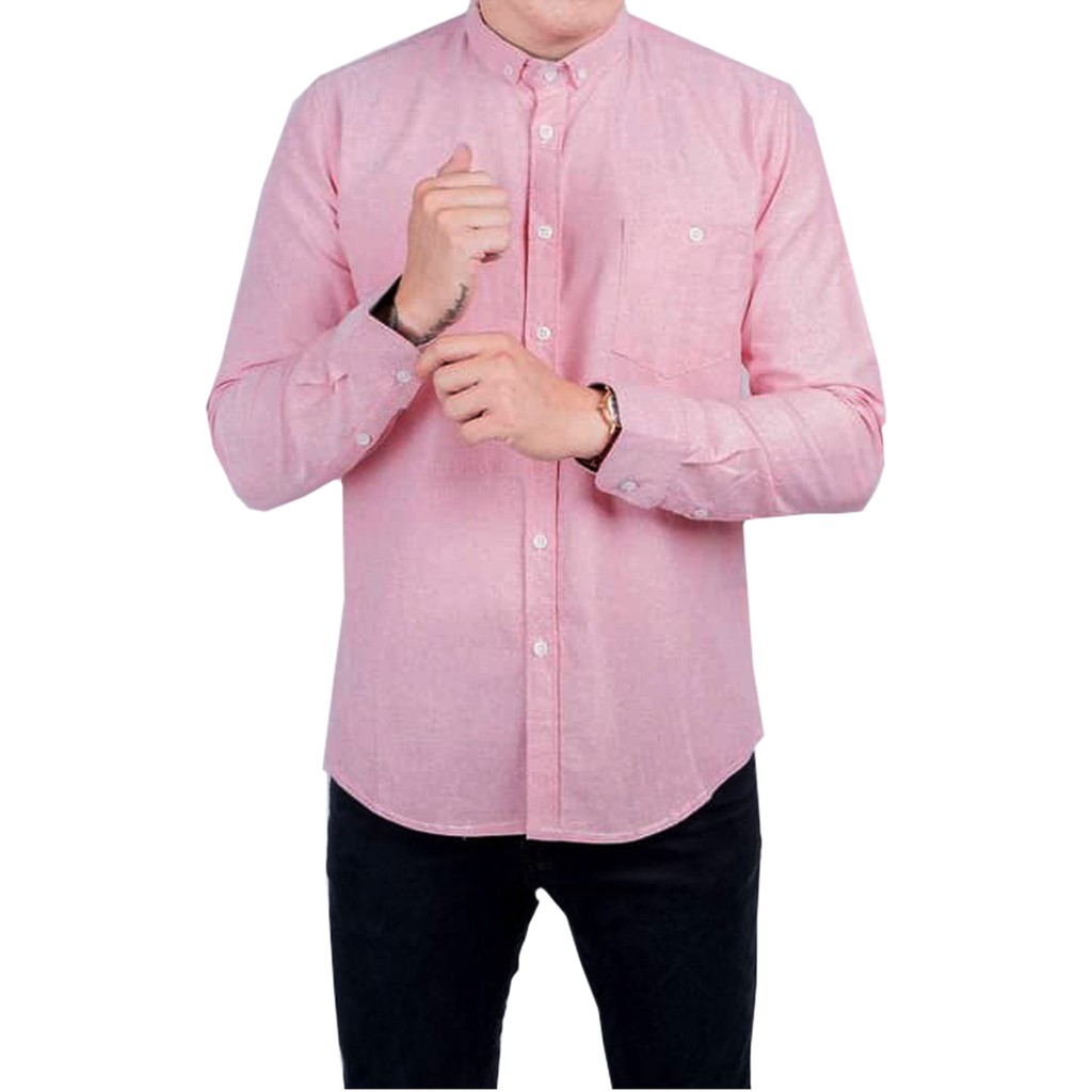 Kemeja Formal Pria Polos Lengan Panjang Bahan Katun - Pink