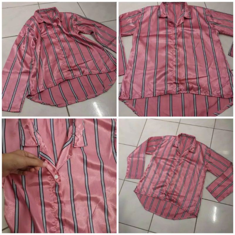 kemeja hem atasan baju wanita cewek pink biru motif bunga polkadot