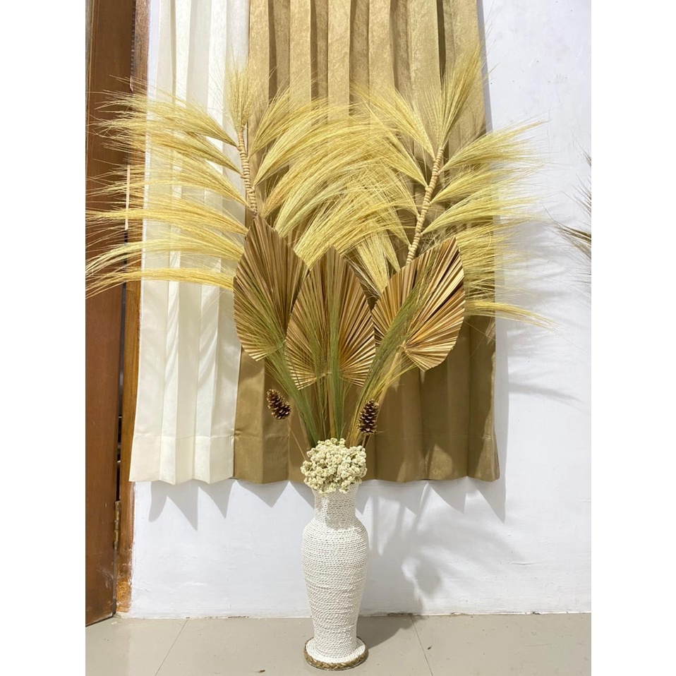 Jual Paket Dekorasi Rustic dan Pot Tinggi 40cm Daun Palem Kering Bunga