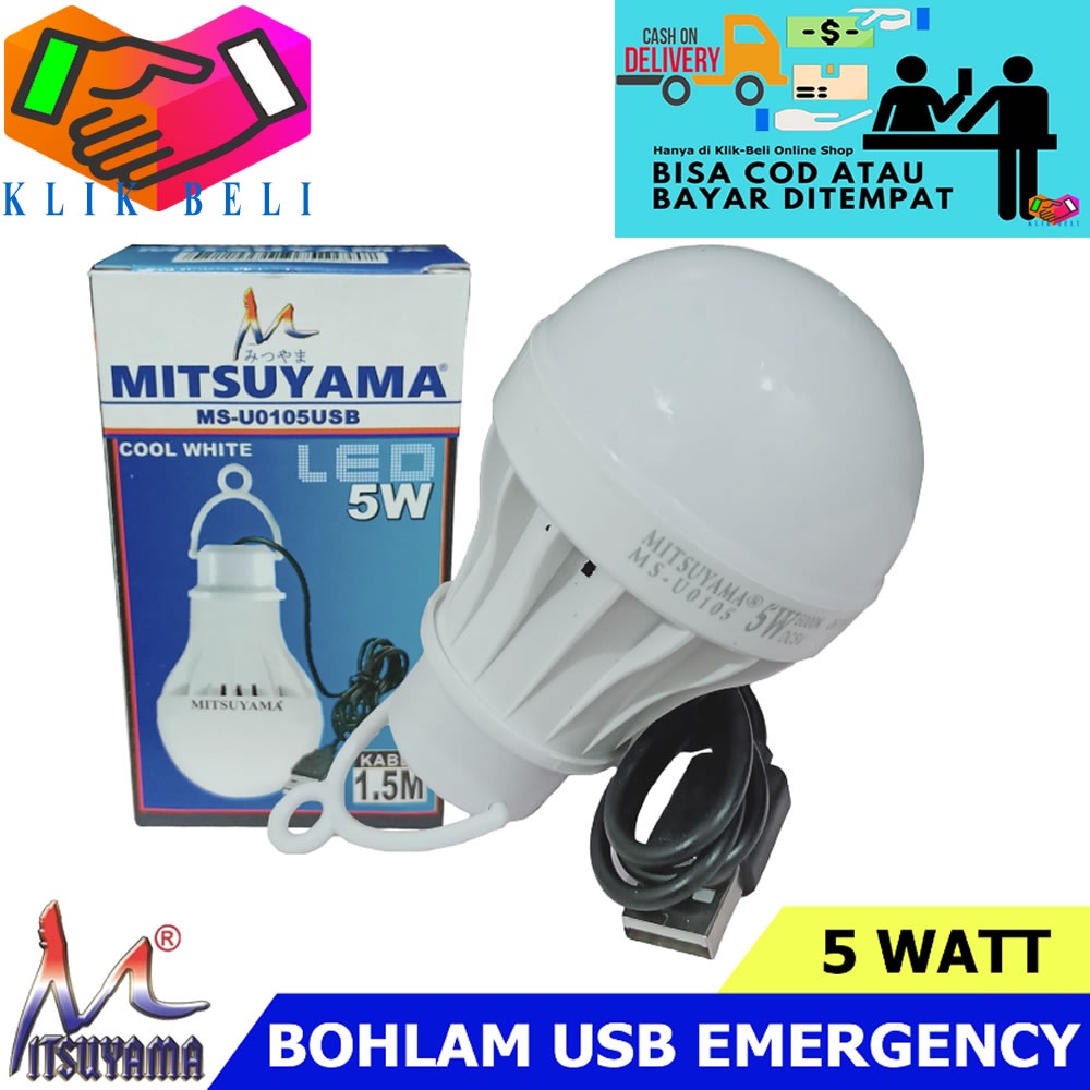 Bohlam USB Emergency 5 / 8 / 10 / 15 Watt LED Mitsuyama Lampu Panjang Kabel 1,5 Meter