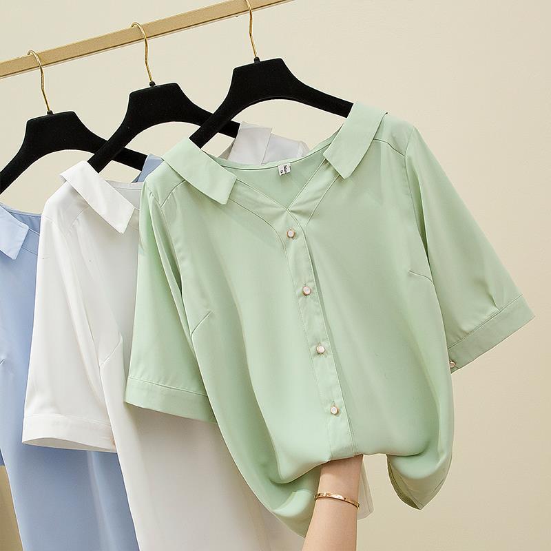 Musim Panas Wanita Longgar Gaya Korea Kemeja Sifon Lengan Pendek Ukuran Besar Kemeja Tipis Wanita