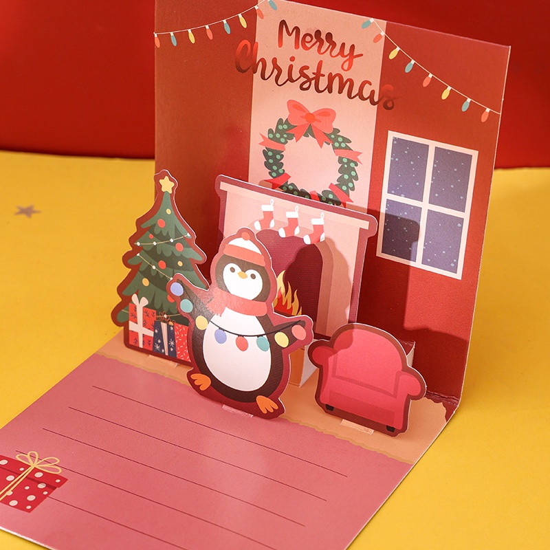 Kartu Ucapan Pop Up Desain Kartun 3d Bronzing Merry Christmas Dengan Amplop