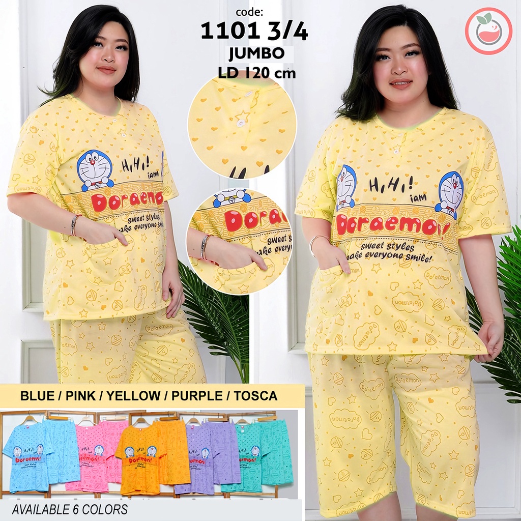 Lilipop.id  Baju Tidur Wanita Doraemon 3/4 Jumbo Celana Pendek XXXL Baby Doll Bahan Kaos