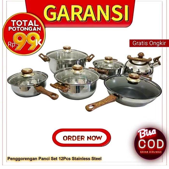 Panci Anti Lengket Set 12 Pcs Dengan Wajan Penggorengan Serbaguna Dan Kukusan Serta Teko Stenlis