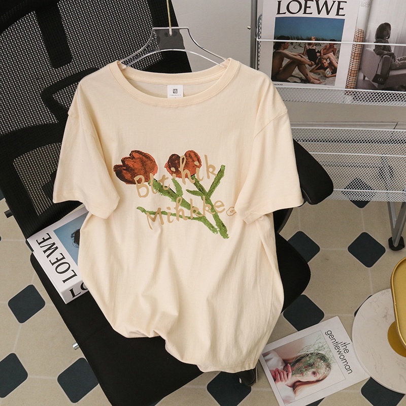 [100%  Katun]Kaos Lengan Pendek Cream Atasan Wanita Oversize Printed T-shirt Kekinian Korean Style