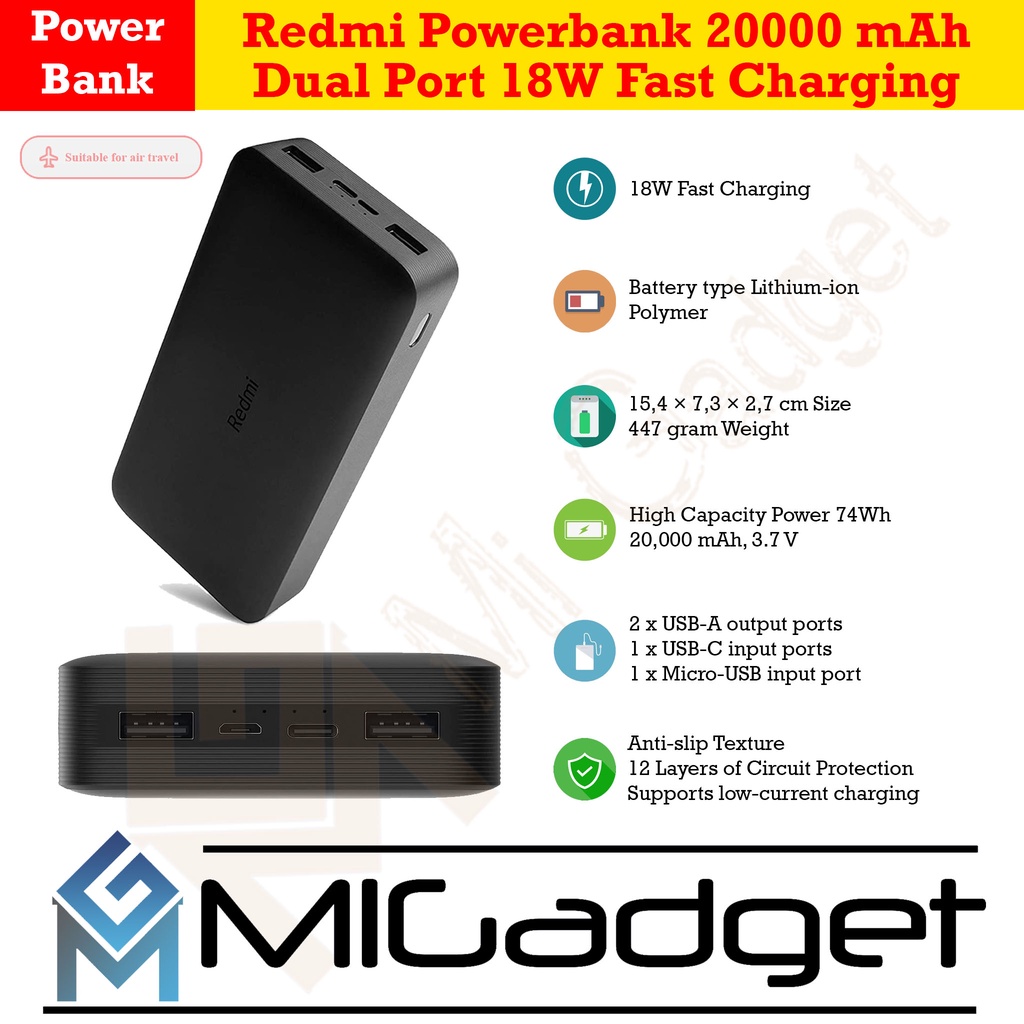 Redmi Powerbank Power Bank 20000 mAh Dual Port 18W Fast Charging