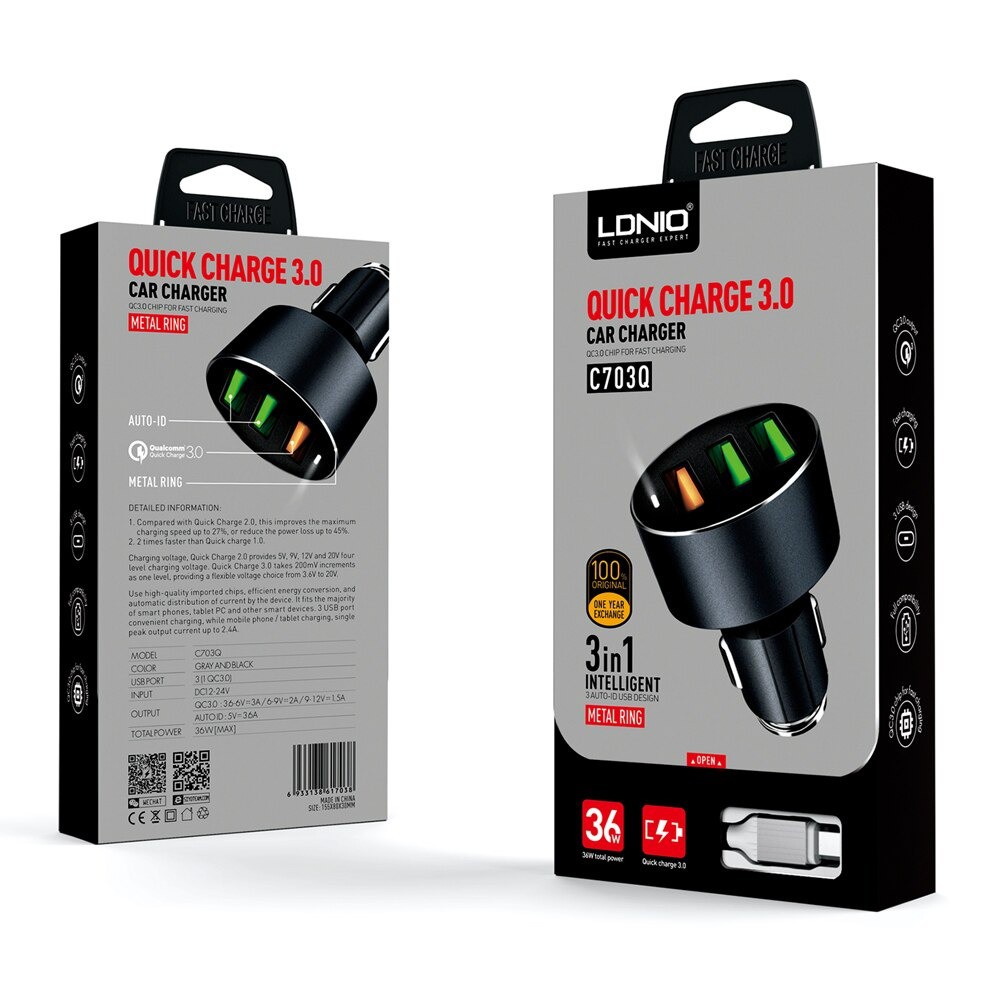 LDNIO C703Q Aluminum Alloy 36W 3 USB Quick Charge 3.0 Car Charger