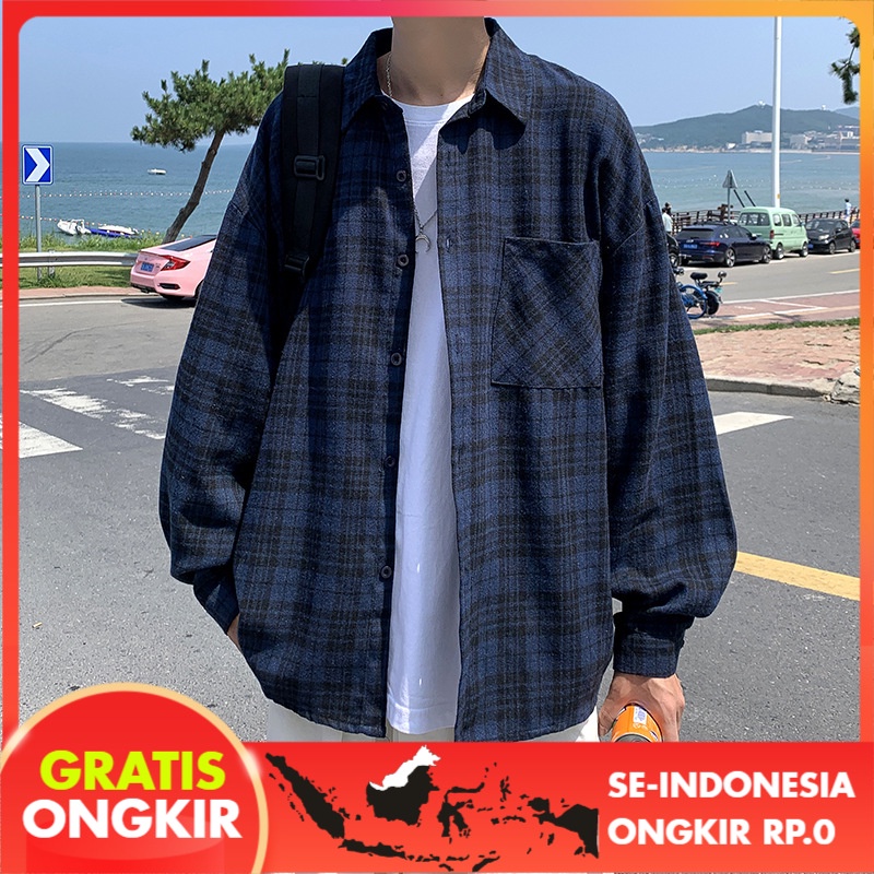 Kemeja Pria Lengan Panjang Retro Kemeja Kotak-kotak  Korea Tren T Casual