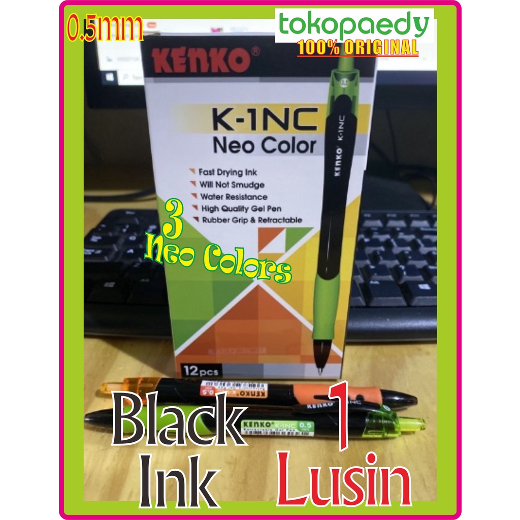 

[PERLUSIN] KENKO NEO COLOR - Retractable Gel Pen K-1NC Black Ink 0,5mm 1Box(12Pcs) -Tinta Hitam /Body K1 Neo 3 Colors