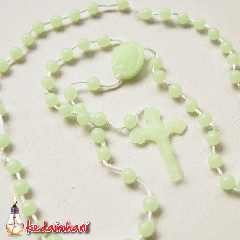 Kalung Rosario Manik/ Mote 4mm Harces Salib Fosfor Tali Hadiah Rohani Doa Devosi Maria Ucap Syukur
