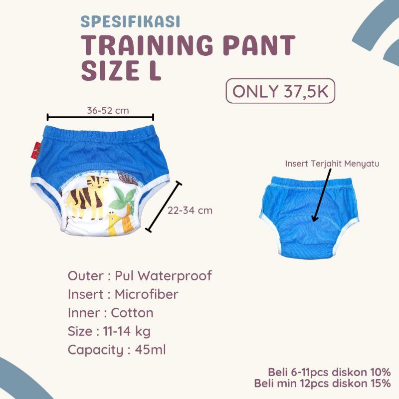 Clodi Training Pants Bayi Popok Kain Cuci Ulang Clodi Celana Latihan Pipis bayi Popok Cloth Diapers Ukuran L BB 11-14 Kg