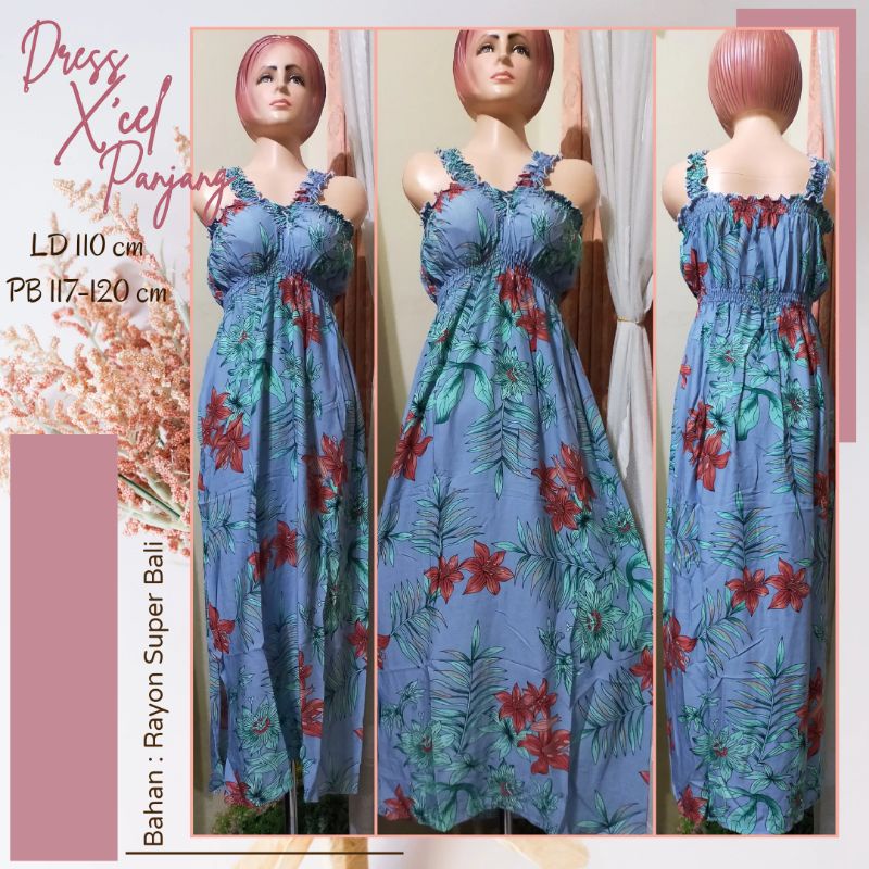 Dress X'cel panjang //Dress Rayon Bali //Dress kerut