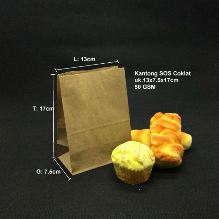 

kantong kertas SOS coklat tipis kue / roti 13x7.5x17 cm 50 GSM (S)