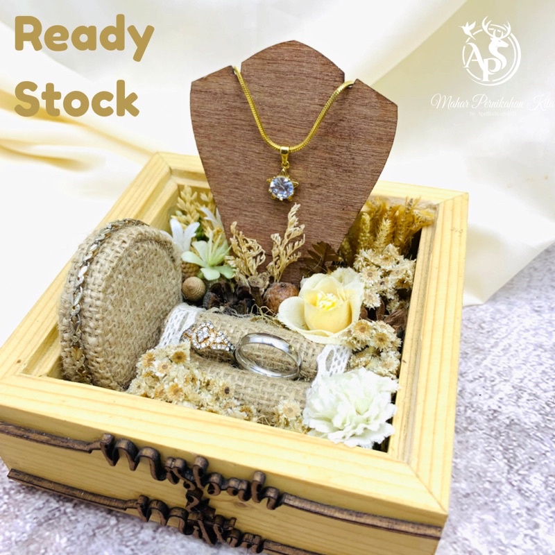 TEMPAT CINCIN  DAN KALUNG | KOTAK PERHIASAN LAMARAN PERNIKAHAN WOODEN DELUXE AQUA RUSTIC ACRYLIC FULL SET 13x13x13,7 cm