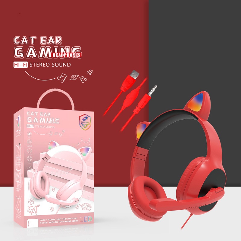 Btsg Headset Gaming Wired PC Game Headphone USB 7.1 Surround Adjustable Lucu Untuk Dekorasi Telinga Dengan Mic