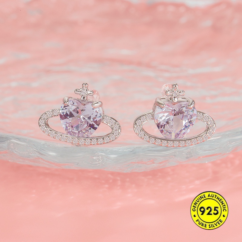 Anting Stud Zircon Bentuk Hati Bahan S925 Silver Untuk Wanita
