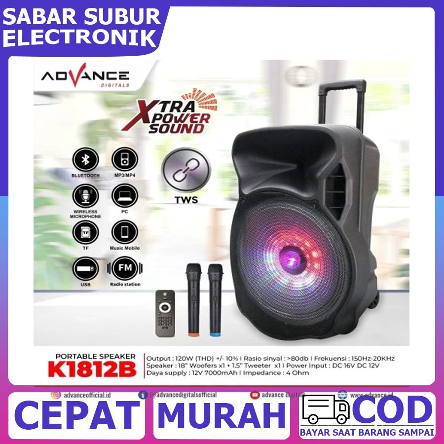 BISA COD - SPEAKER BLUETOOTH PORTABLE ADVANCE K1812B 18 inch-FREE 2BH MIC WERLES