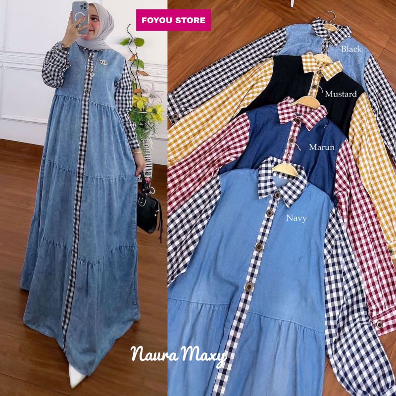 Naura maxi dress jeans lengan kotak import / smooth dress polka salur kotak