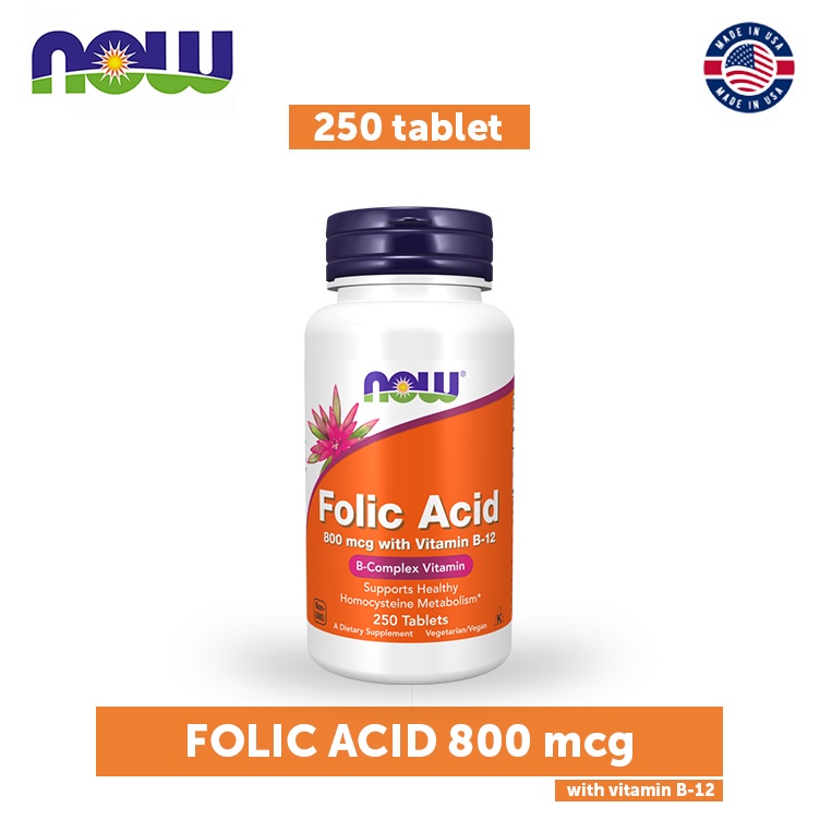 NOW FOODS Folic Acid 800 mcg with Vitamin B-12 250 tablet Asam Folat Vit Suplemen Kehamilan