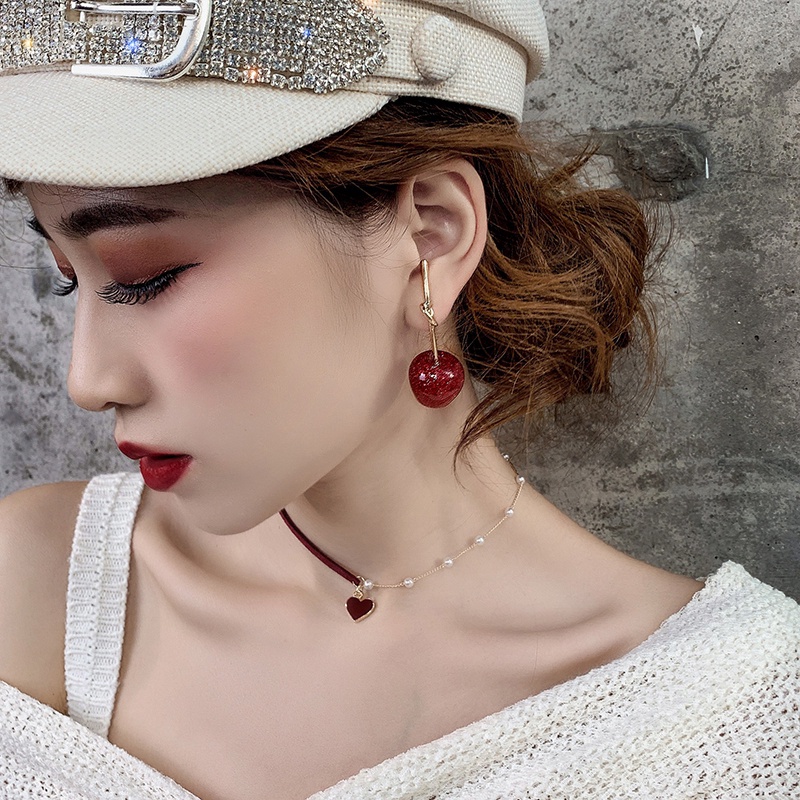 Anting Stud Panjang Desain Cherry Merah Bahan 925 Silver Needle Gaya Hipster Korea Untuk Wanita