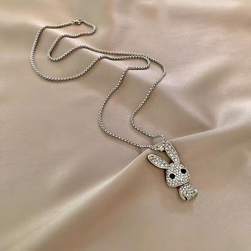 Kalung Rantai Choker Liontin Kelinci Hias Berlian Gaya Punk Hip Hop Untuk Wanita