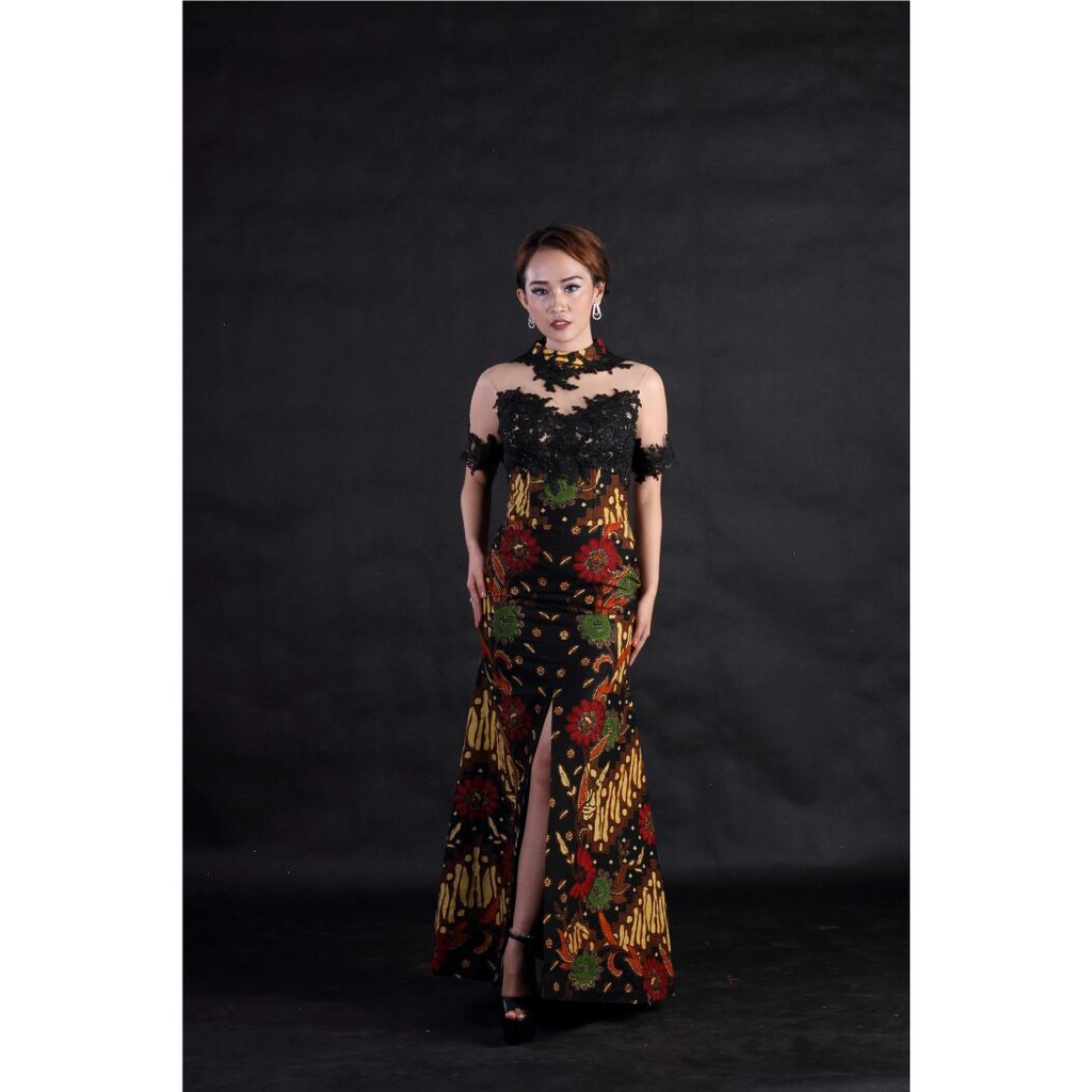 Baju Pesta Wanita Batik Kombinasi Brokat Hitam Longdress Modern Batik Katun Cap Kombinasi Tulis