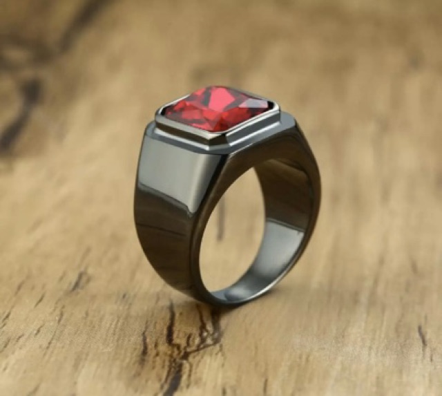 Cincin Pria Octagon Red Ruby Akik Merah Garnet Cutting Mewah Ring Black Titanium Stainless Steell